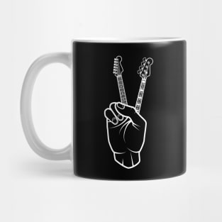 Guitar and Bass Outline Hand Peace Sign Dark Theme Mug